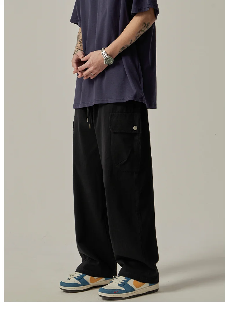 Men's Sweatpants 2025 Spring Autumn Vintage Japanese Wide Leg Straight Loose Button Big Pockets Cargo Pants Drawstring Trousers