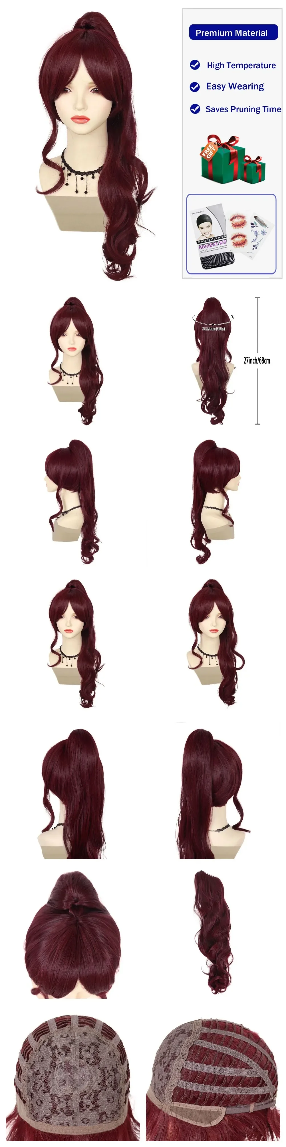 Megara Costume for Women Synthetic Fiber Megara Dark Red Wig - Cherry Red Ponytail for Meg Hercules Costume Cosplay Accessories