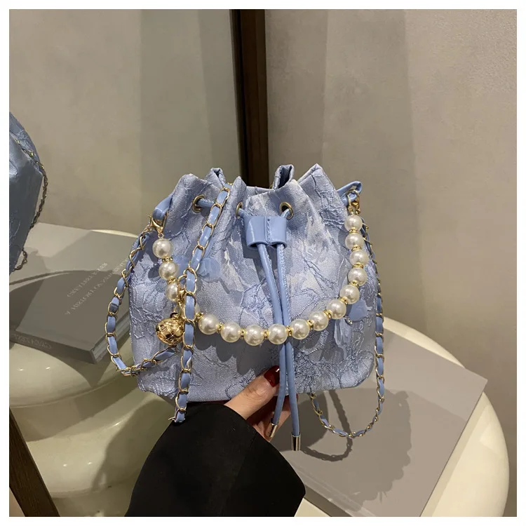 Sweet Butterfly Women Drawstring Bucket Shoulder Bags Versatile Ladies Crossbody Bag Clutch Fashion Girls Pearl Chain Handbags