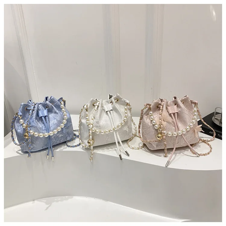 Sweet Butterfly Women Drawstring Bucket Shoulder Bags Versatile Ladies Crossbody Bag Clutch Fashion Girls Pearl Chain Handbags