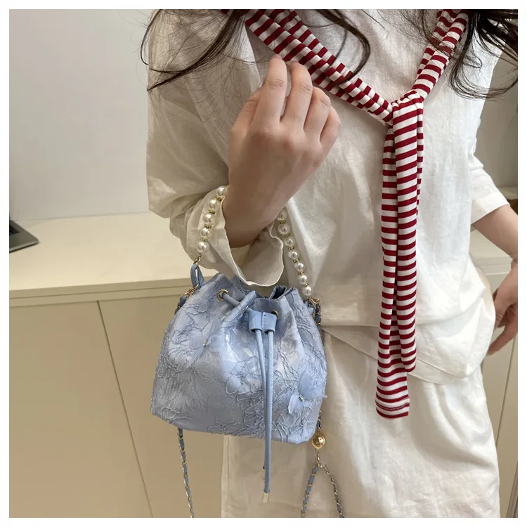 Sweet Butterfly Women Drawstring Bucket Shoulder Bags Versatile Ladies Crossbody Bag Clutch Fashion Girls Pearl Chain Handbags