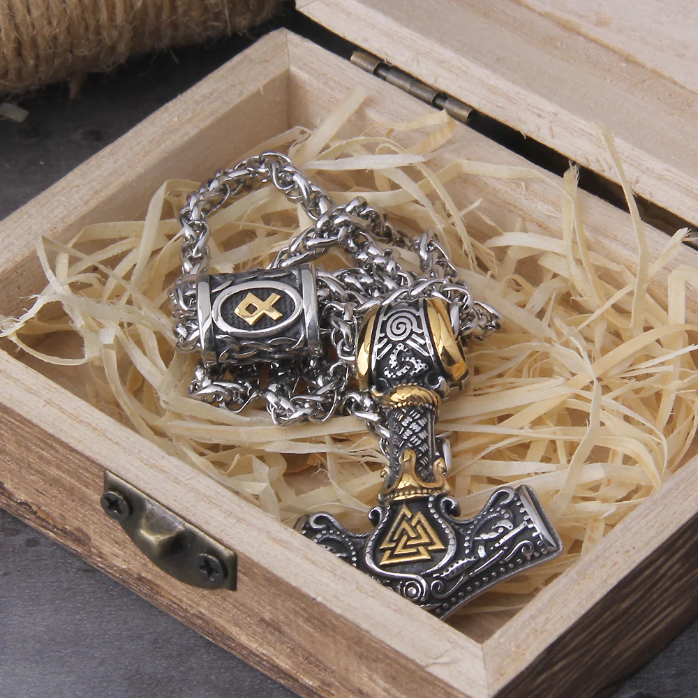 Norse Scandinavian Vienna Viking Valknut Necklace Men Vintage Stainless Steel Mjolnir Thor's Hammer Pendant Necklace Jewelry