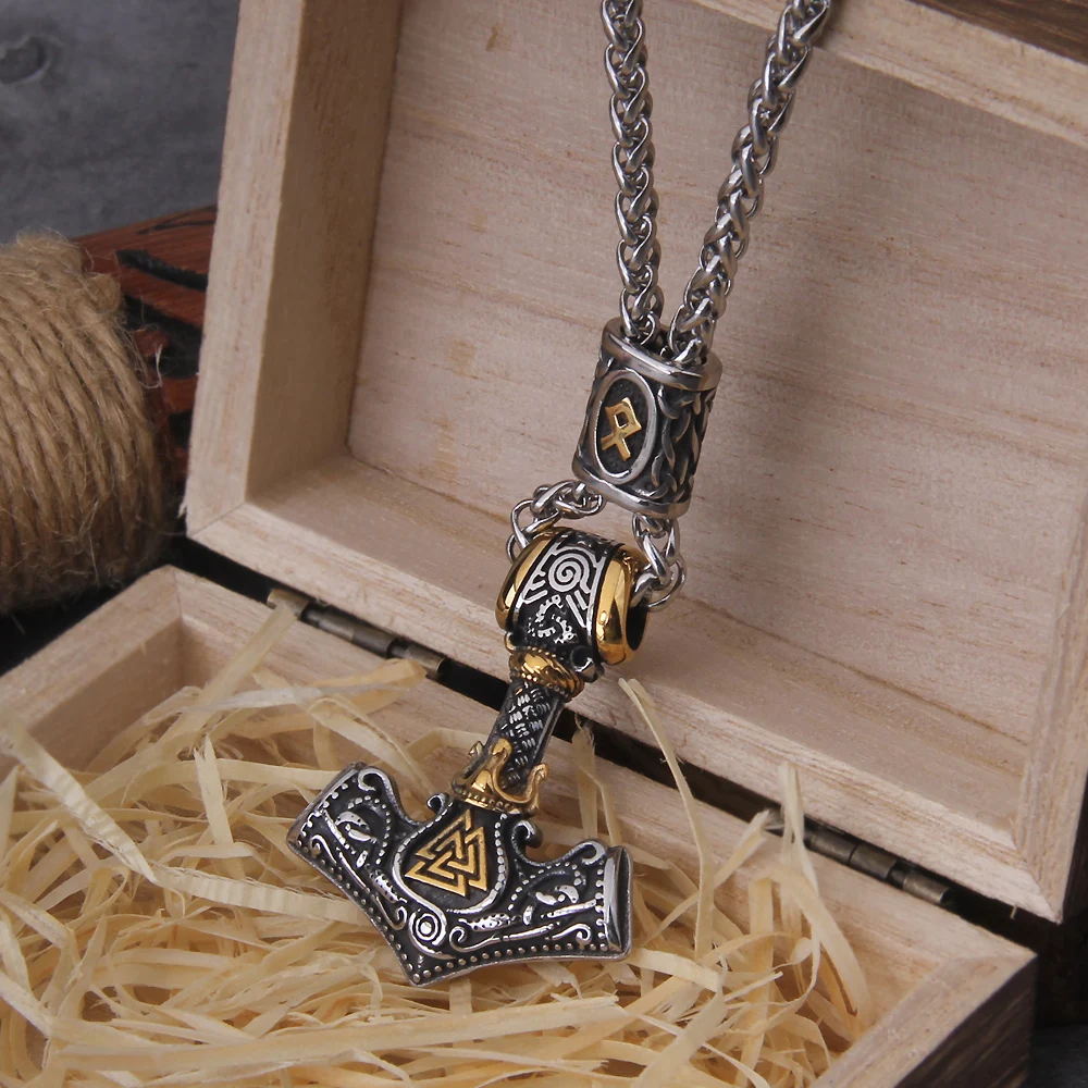 Norse Scandinavian Vienna Viking Valknut Necklace Men Vintage Stainless Steel Mjolnir Thor's Hammer Pendant Necklace Jewelry