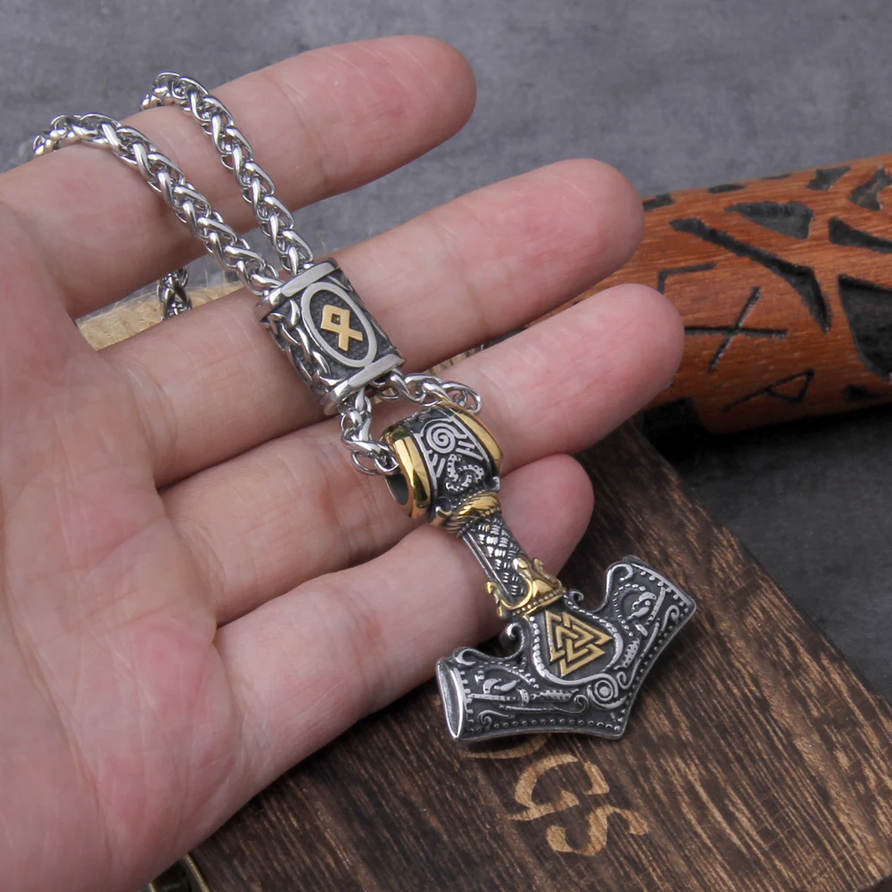 Norse Scandinavian Vienna Viking Valknut Necklace Men Vintage Stainless Steel Mjolnir Thor's Hammer Pendant Necklace Jewelry