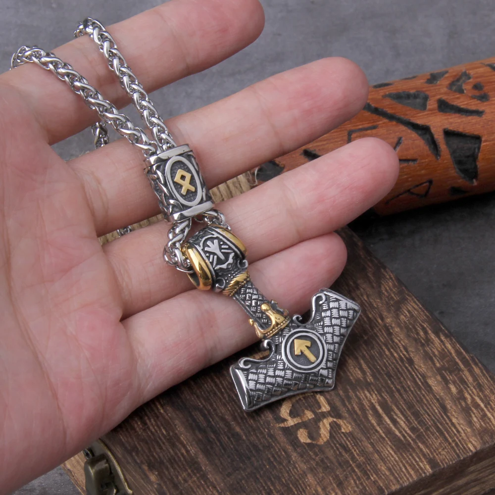 Norse Scandinavian Vienna Viking Valknut Necklace Men Vintage Stainless Steel Mjolnir Thor's Hammer Pendant Necklace Jewelry