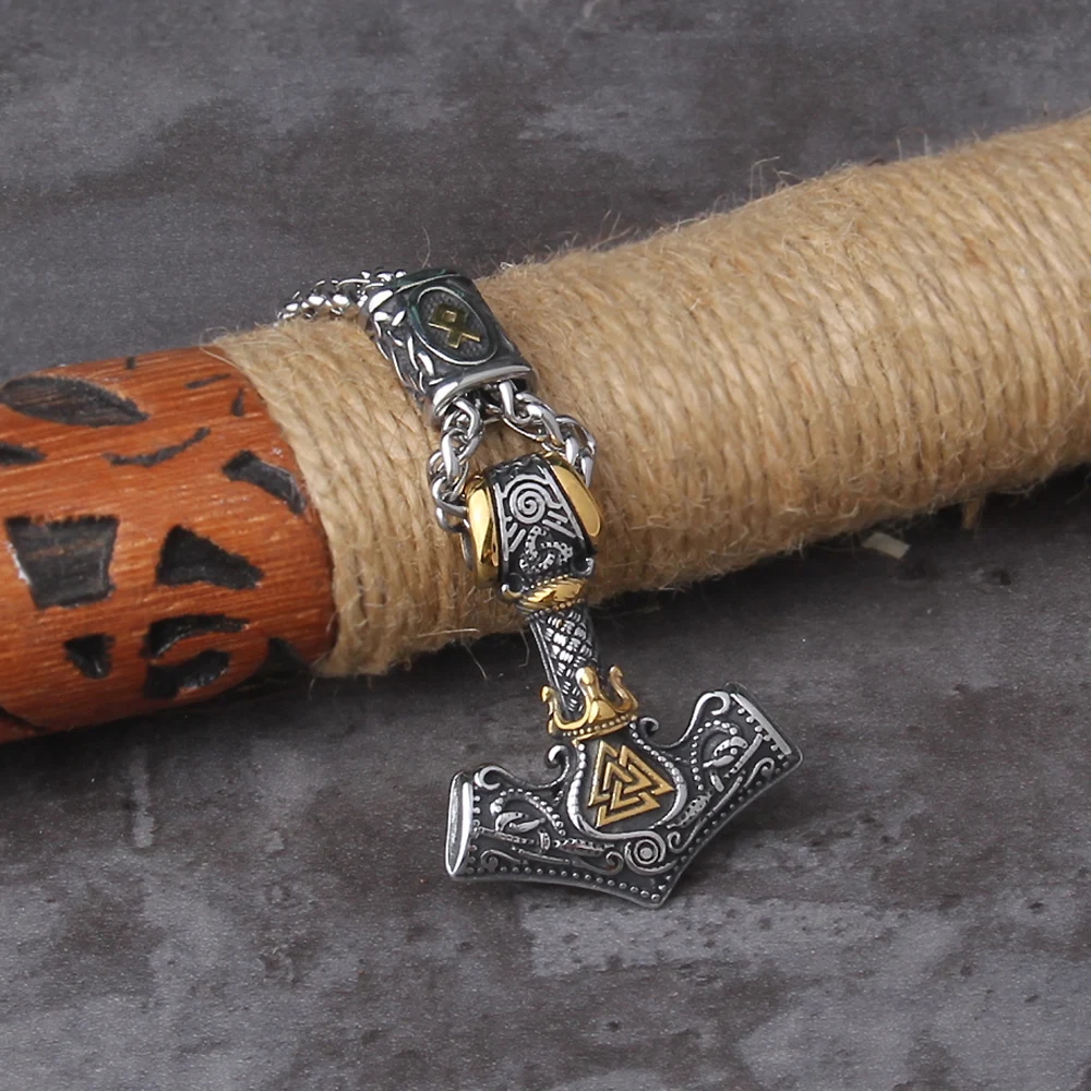 Norse Scandinavian Vienna Viking Valknut Necklace Men Vintage Stainless Steel Mjolnir Thor's Hammer Pendant Necklace Jewelry