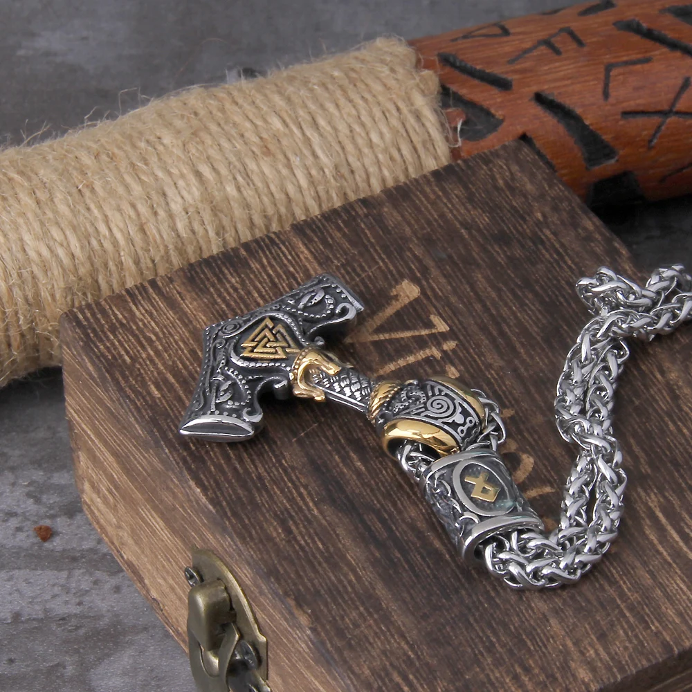 Norse Scandinavian Vienna Viking Valknut Necklace Men Vintage Stainless Steel Mjolnir Thor's Hammer Pendant Necklace Jewelry