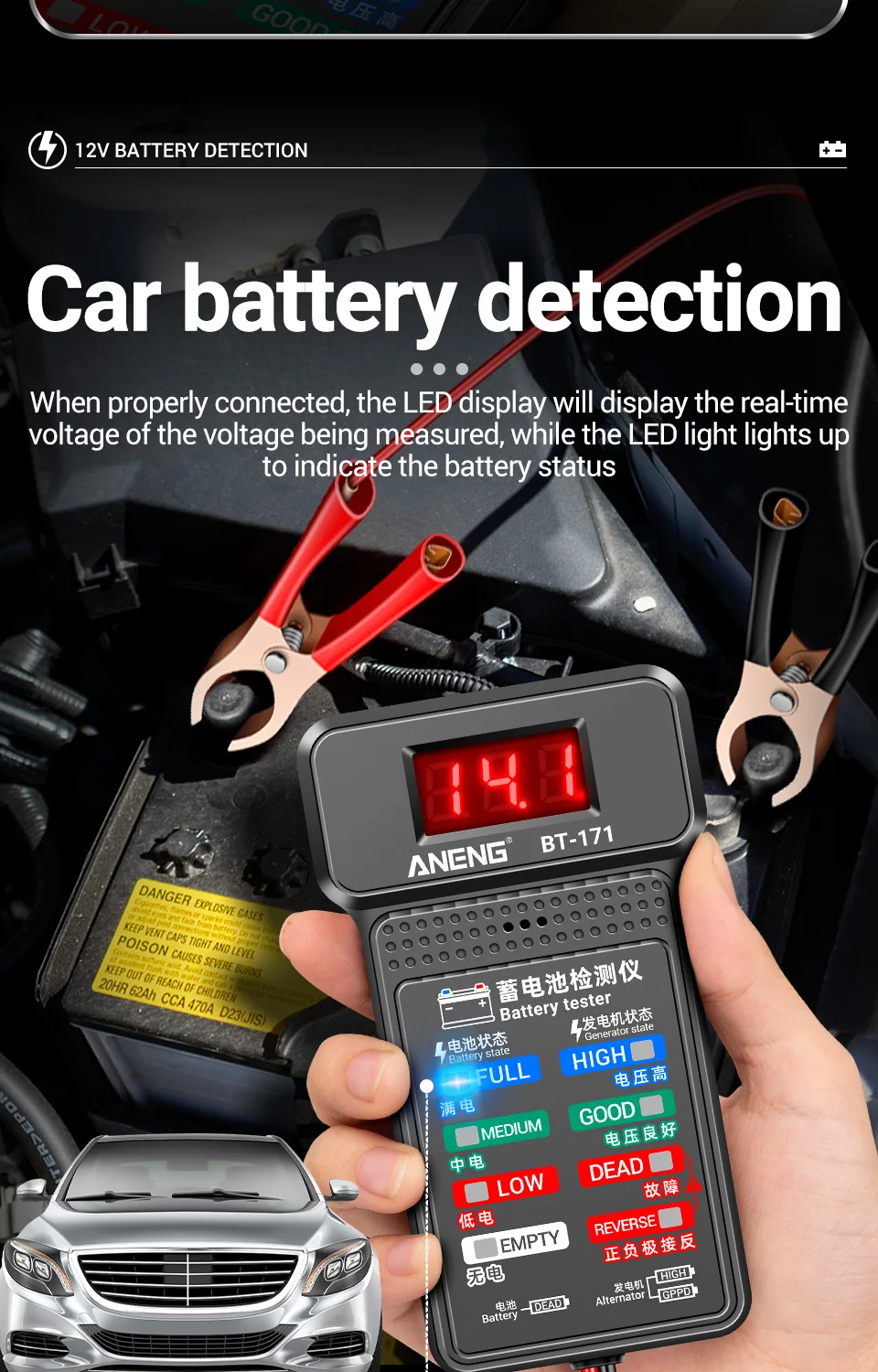 ANENG BT-171 12V Automotive Battery Tester Buzzing Alarm Reverse Connection Protection Automotive Battery Quality Testing Tool