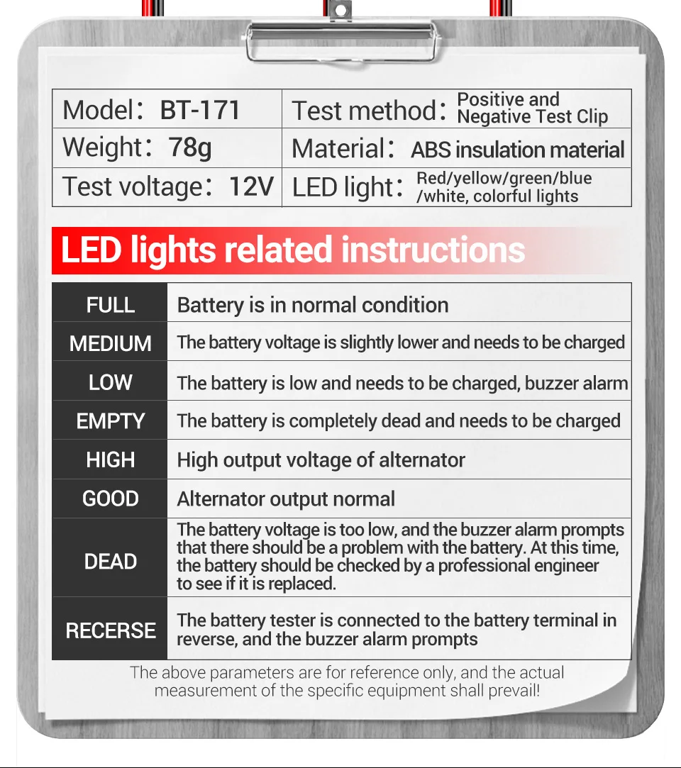 ANENG BT-171 12V Automotive Battery Tester Buzzing Alarm Reverse Connection Protection Automotive Battery Quality Testing Tool