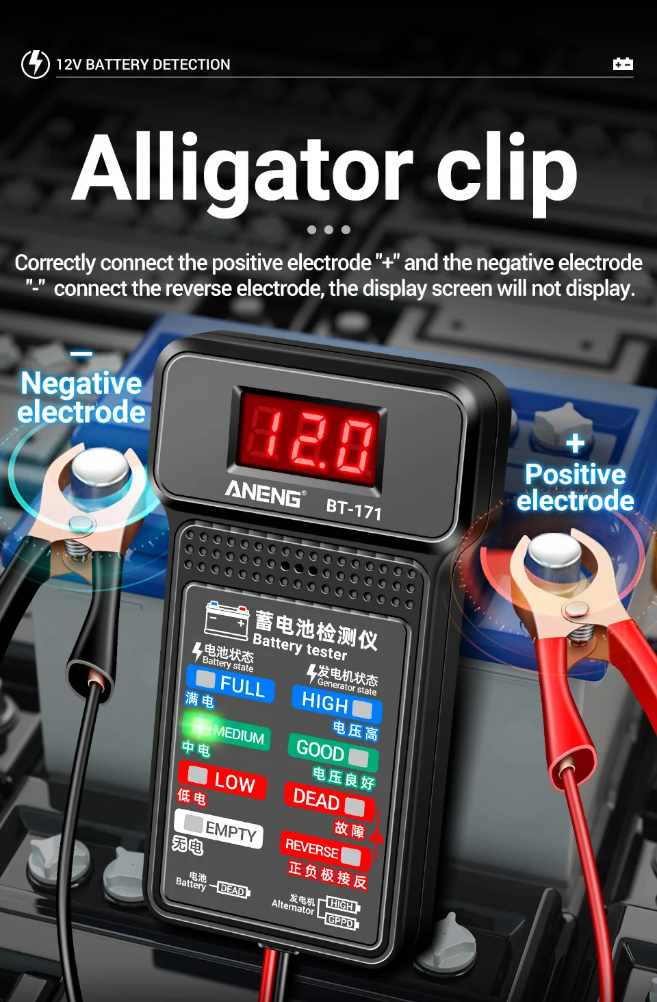 ANENG BT-171 12V Automotive Battery Tester Buzzing Alarm Reverse Connection Protection Automotive Battery Quality Testing Tool