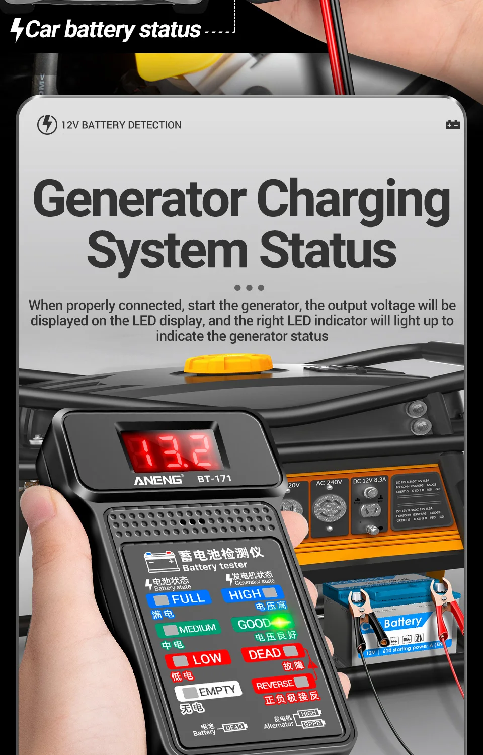 ANENG BT-171 12V Automotive Battery Tester Buzzing Alarm Reverse Connection Protection Automotive Battery Quality Testing Tool