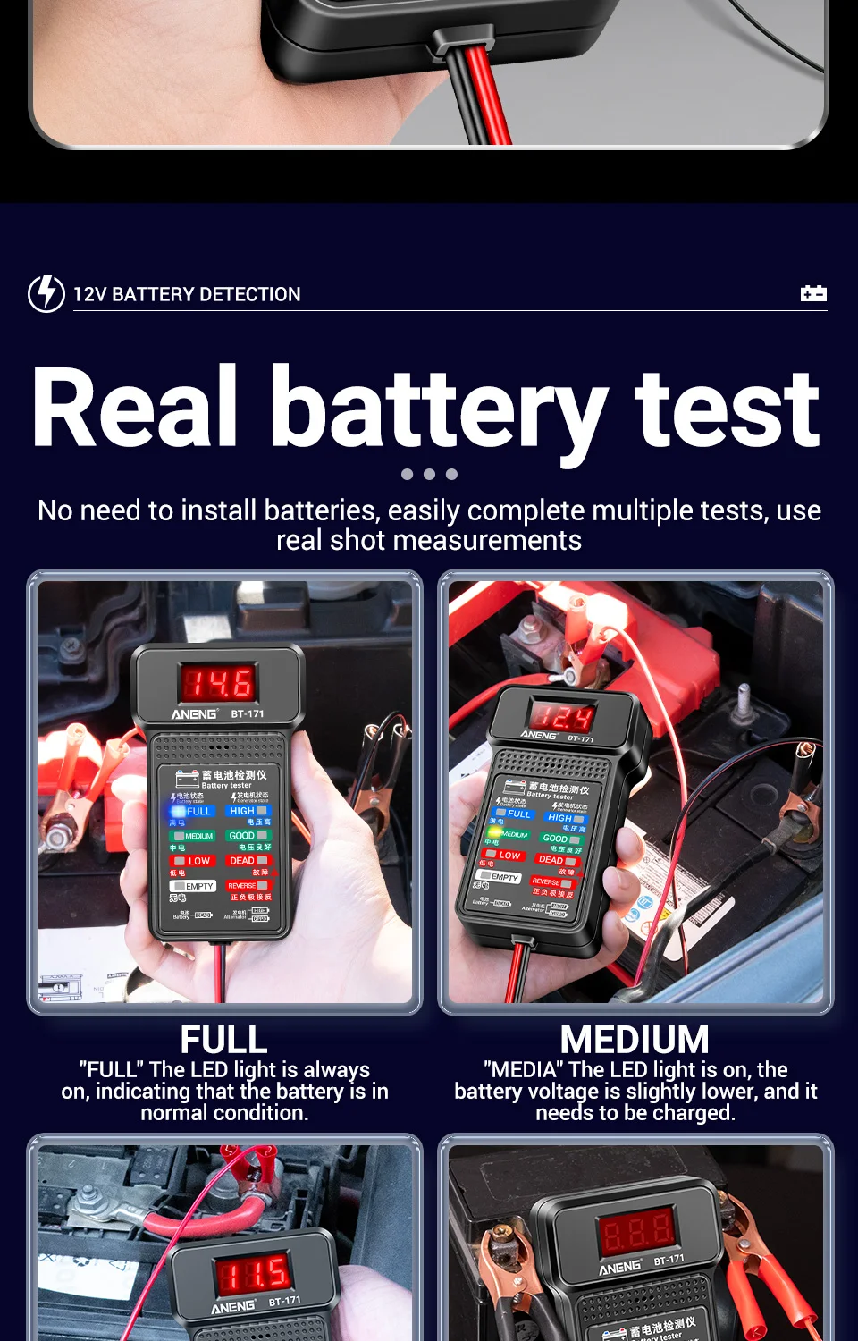 ANENG BT-171 12V Automotive Battery Tester Buzzing Alarm Reverse Connection Protection Automotive Battery Quality Testing Tool