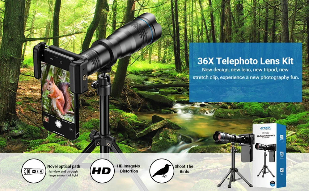 APEXEL 4K 36X Monocular Telescope Zoom Telephoto Lens for Phone with Metal Bracket Universal Clip for Shoot Birds/the Moon/Game