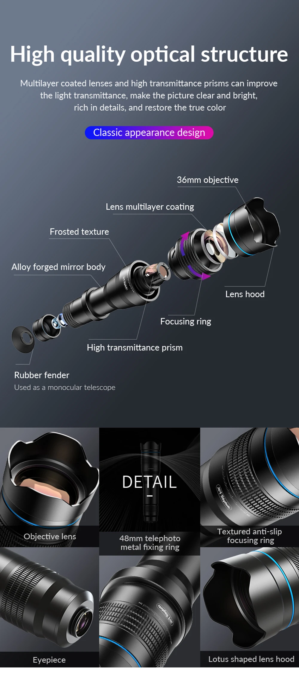 APEXEL 4K 36X Monocular Telescope Zoom Telephoto Lens for Phone with Metal Bracket Universal Clip for Shoot Birds/the Moon/Game