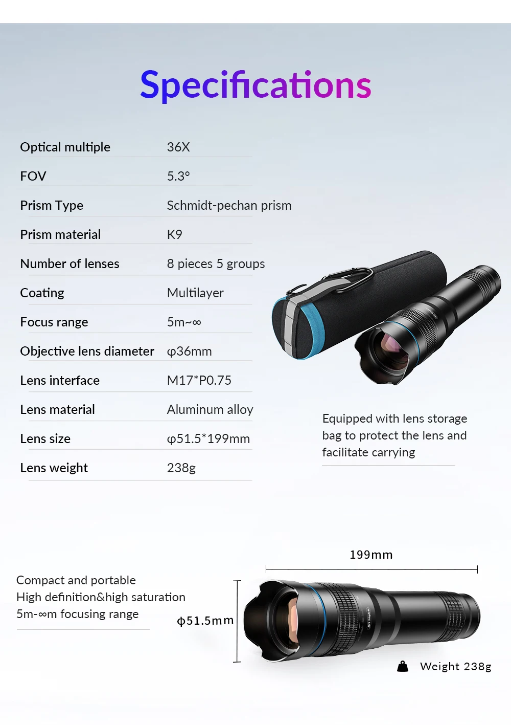 APEXEL 4K 36X Monocular Telescope Zoom Telephoto Lens for Phone with Metal Bracket Universal Clip for Shoot Birds/the Moon/Game
