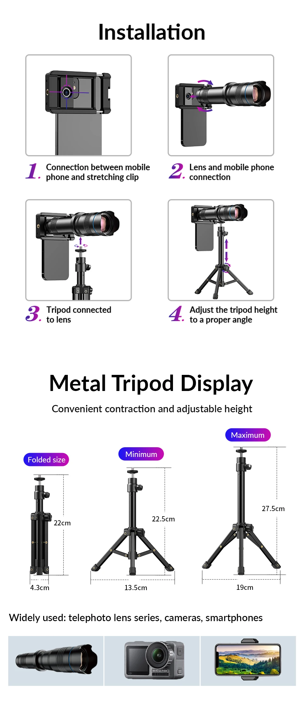 APEXEL 4K 36X Monocular Telescope Zoom Telephoto Lens for Phone with Metal Bracket Universal Clip for Shoot Birds/the Moon/Game