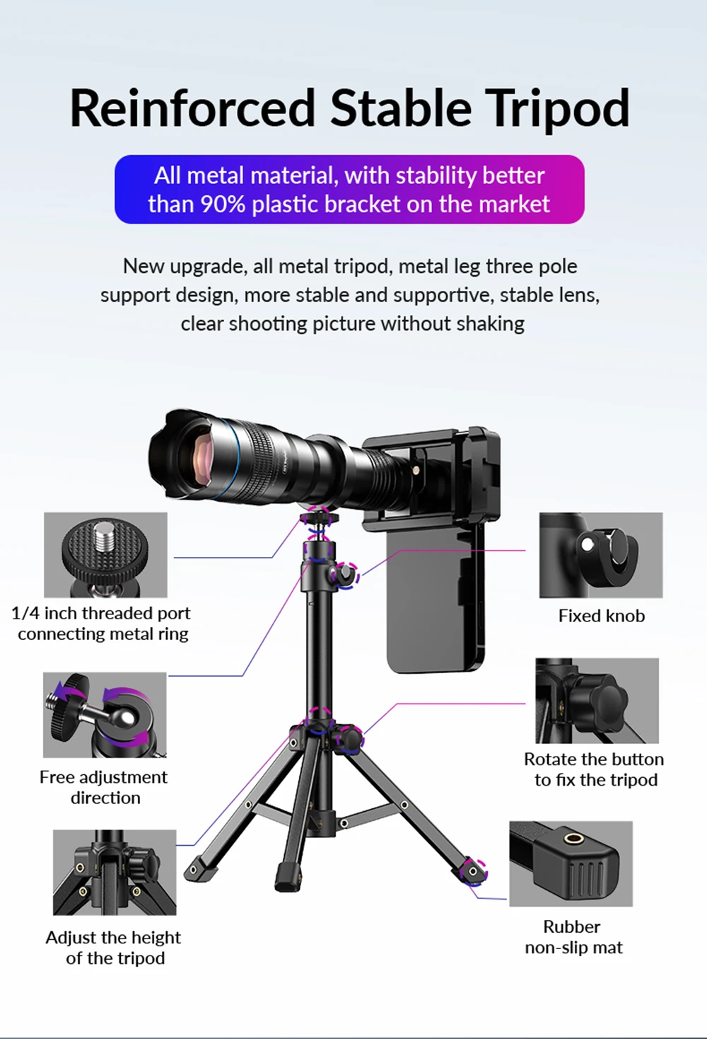APEXEL 4K 36X Monocular Telescope Zoom Telephoto Lens for Phone with Metal Bracket Universal Clip for Shoot Birds/the Moon/Game