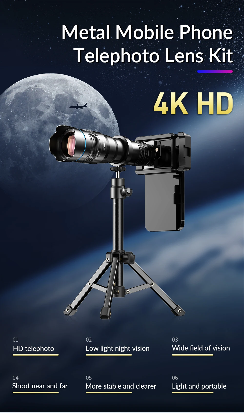 APEXEL 4K 36X Monocular Telescope Zoom Telephoto Lens for Phone with Metal Bracket Universal Clip for Shoot Birds/the Moon/Game