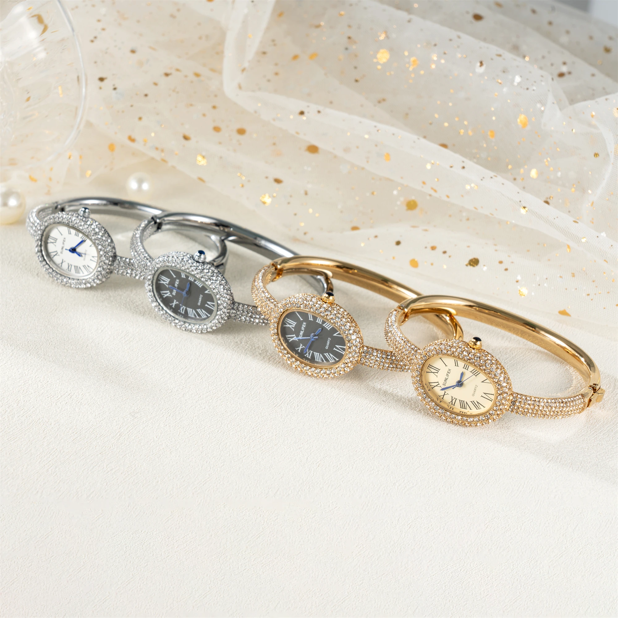 New Luxury Elegant Ladies' Bracelet Wrist Watch Roman Numeral Inlaid Rhinestones Oval Waterproof Women's Quartz Watch Reloj