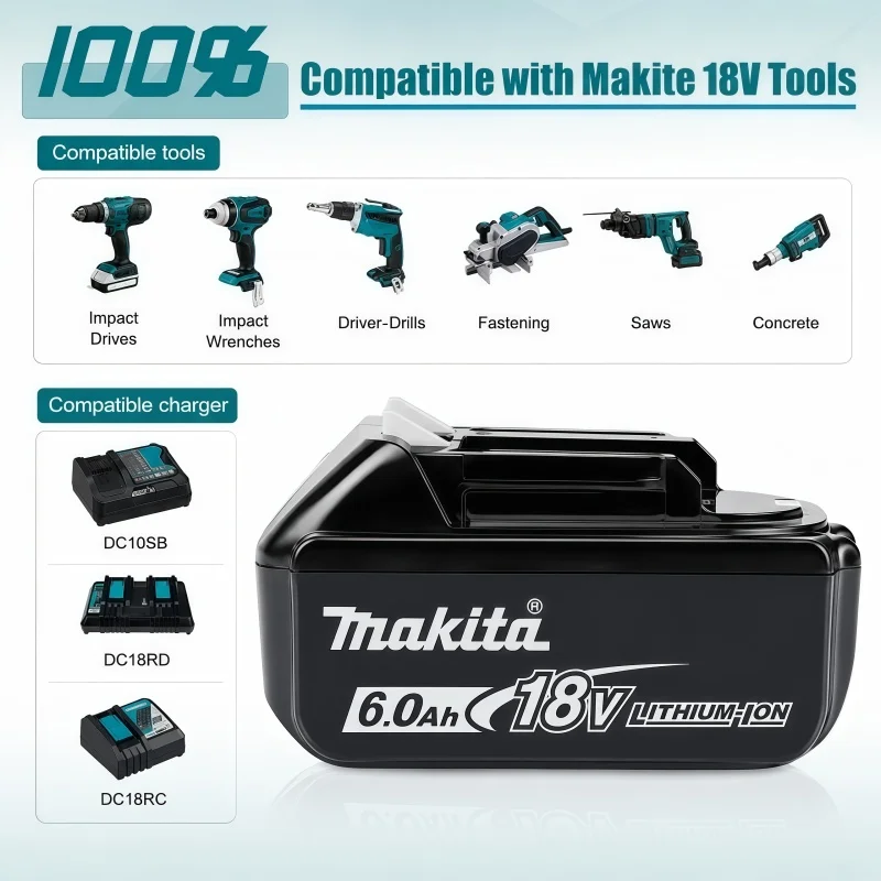 100% Original Makita 18V 6.0Ah Rechargeable Battery For Makita BL1830 BL1830B BL1840 BL1840B BL1850 BL1850B Power Tools Battery