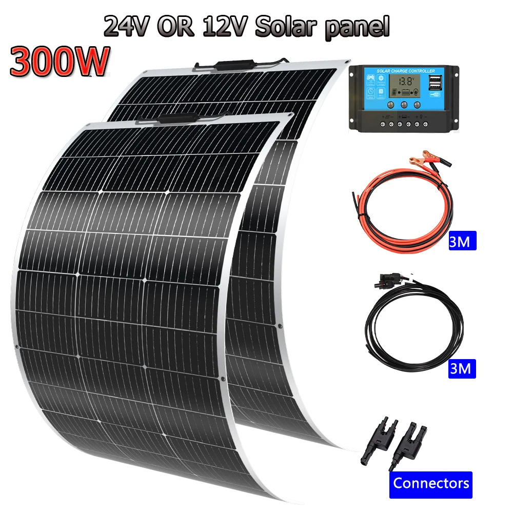 150W-600W Semi-Flexible Monolithic Monocrystalline Solar Panel Kit, 19.8V PV Module, 12V/24V/36V Off-Grid Battery Charger for RV