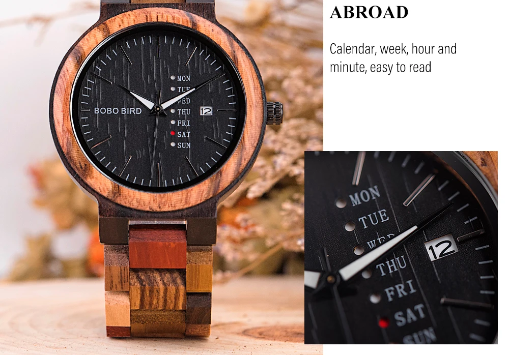 BOBO BIRD Wood Watch Men Women Quartz Week Date Couple Timepiece Colorful Wooden Band Logo Customize Gift Box Wholesale Dropship