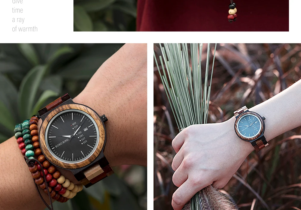 BOBO BIRD Wood Watch Men Women Quartz Week Date Couple Timepiece Colorful Wooden Band Logo Customize Gift Box Wholesale Dropship