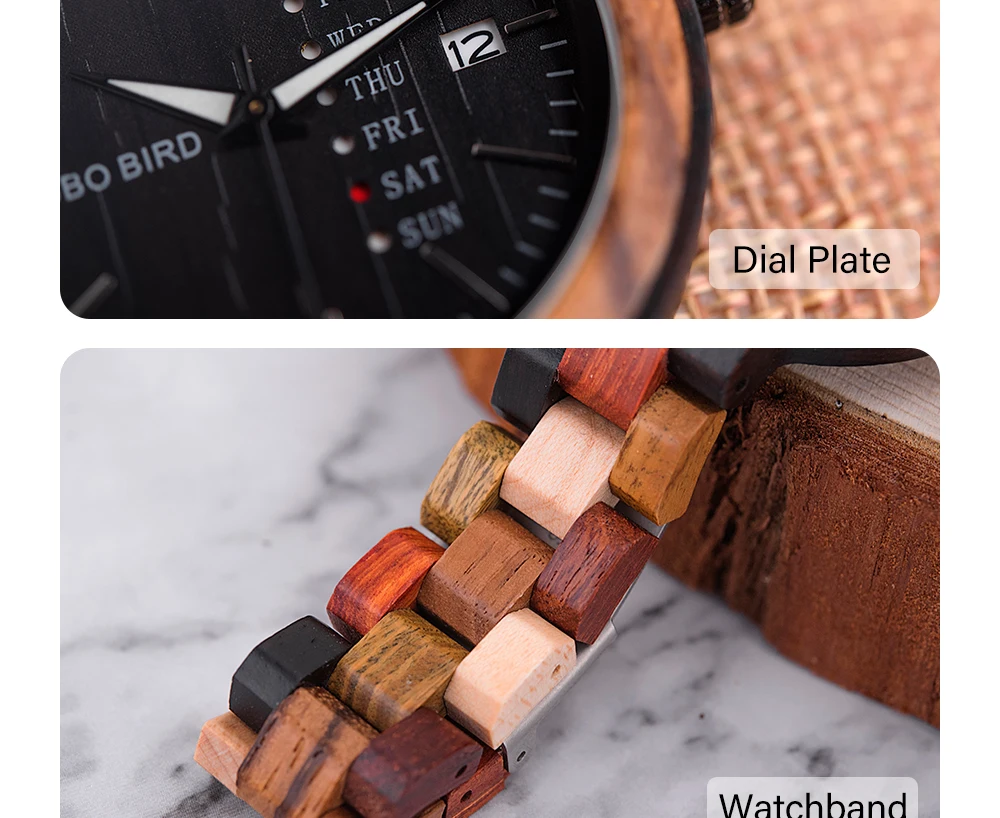 BOBO BIRD Wood Watch Men Women Quartz Week Date Couple Timepiece Colorful Wooden Band Logo Customize Gift Box Wholesale Dropship