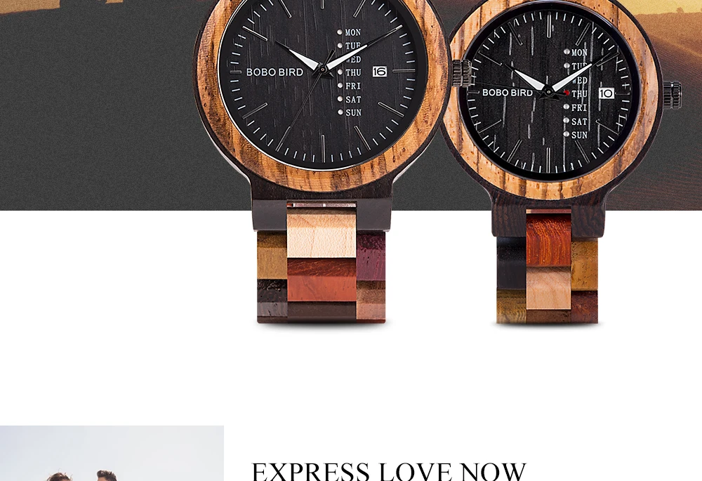 BOBO BIRD Wood Watch Men Women Quartz Week Date Couple Timepiece Colorful Wooden Band Logo Customize Gift Box Wholesale Dropship