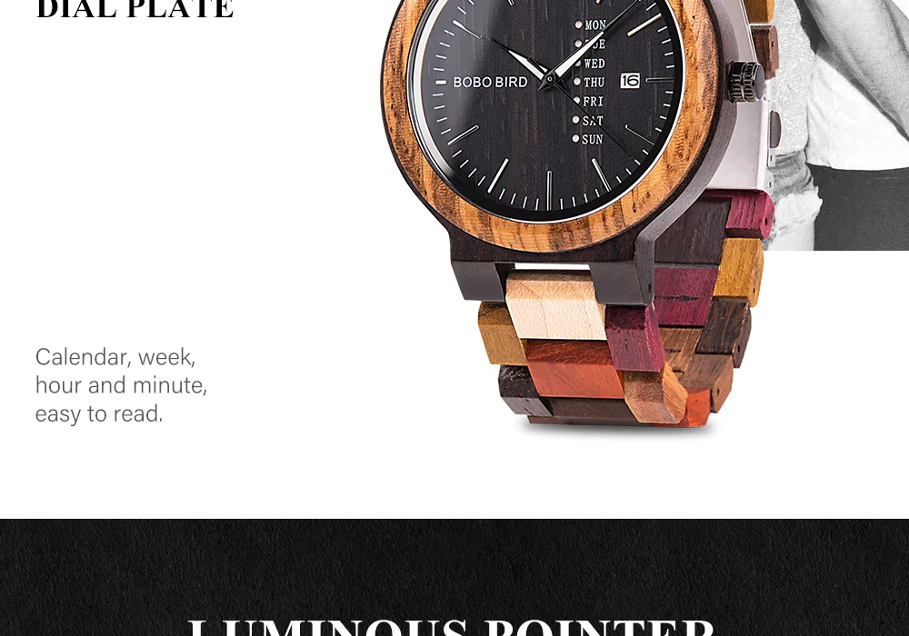 BOBO BIRD Wood Watch Men Women Quartz Week Date Couple Timepiece Colorful Wooden Band Logo Customize Gift Box Wholesale Dropship