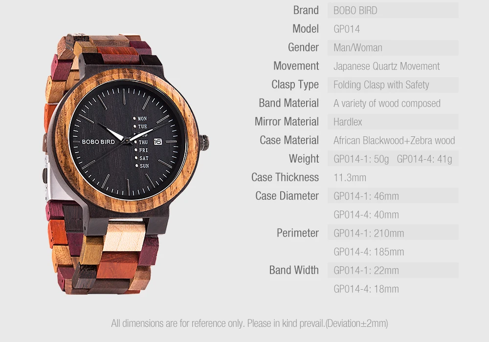 BOBO BIRD Wood Watch Men Women Quartz Week Date Couple Timepiece Colorful Wooden Band Logo Customize Gift Box Wholesale Dropship