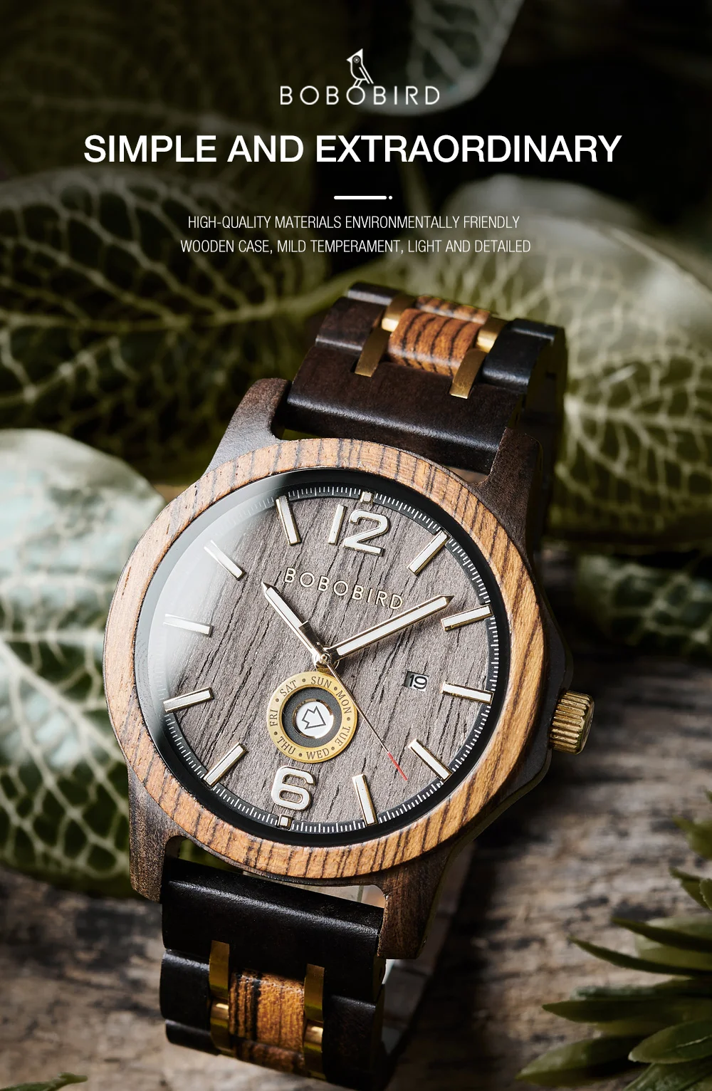 Wooden Men's Watches BOBOBIRD New Fashion Japanese Movement Quartz Wristwatch Week Date Display Custom Name Brand Great Gift