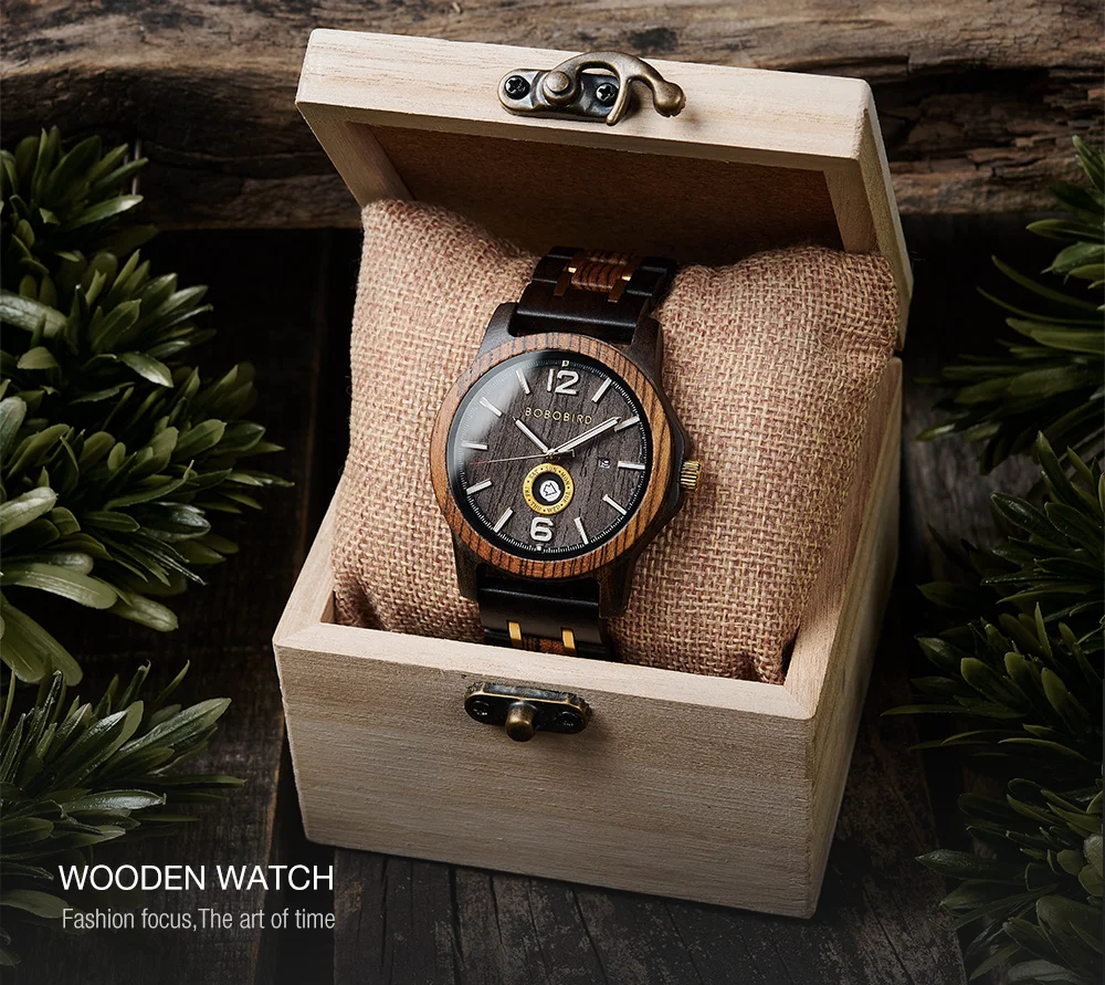 Wooden Men's Watches BOBOBIRD New Fashion Japanese Movement Quartz Wristwatch Week Date Display Custom Name Brand Great Gift