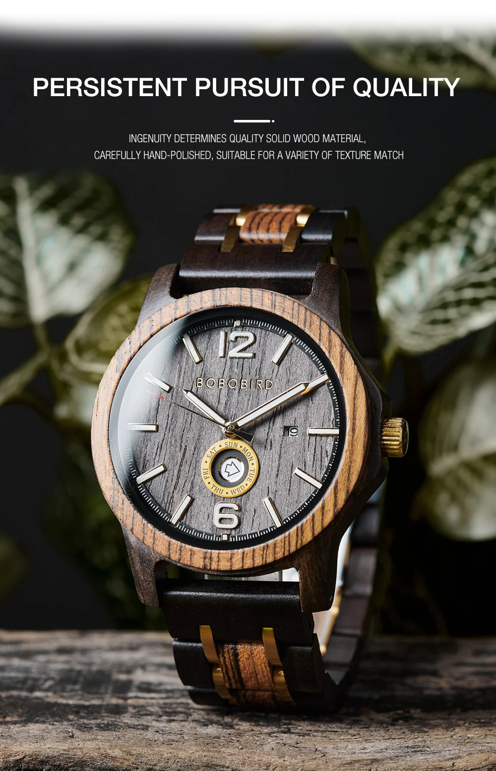 Wooden Men's Watches BOBOBIRD New Fashion Japanese Movement Quartz Wristwatch Week Date Display Custom Name Brand Great Gift