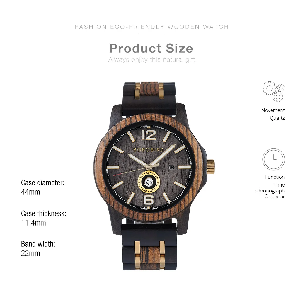 Wooden Men's Watches BOBOBIRD New Fashion Japanese Movement Quartz Wristwatch Week Date Display Custom Name Brand Great Gift
