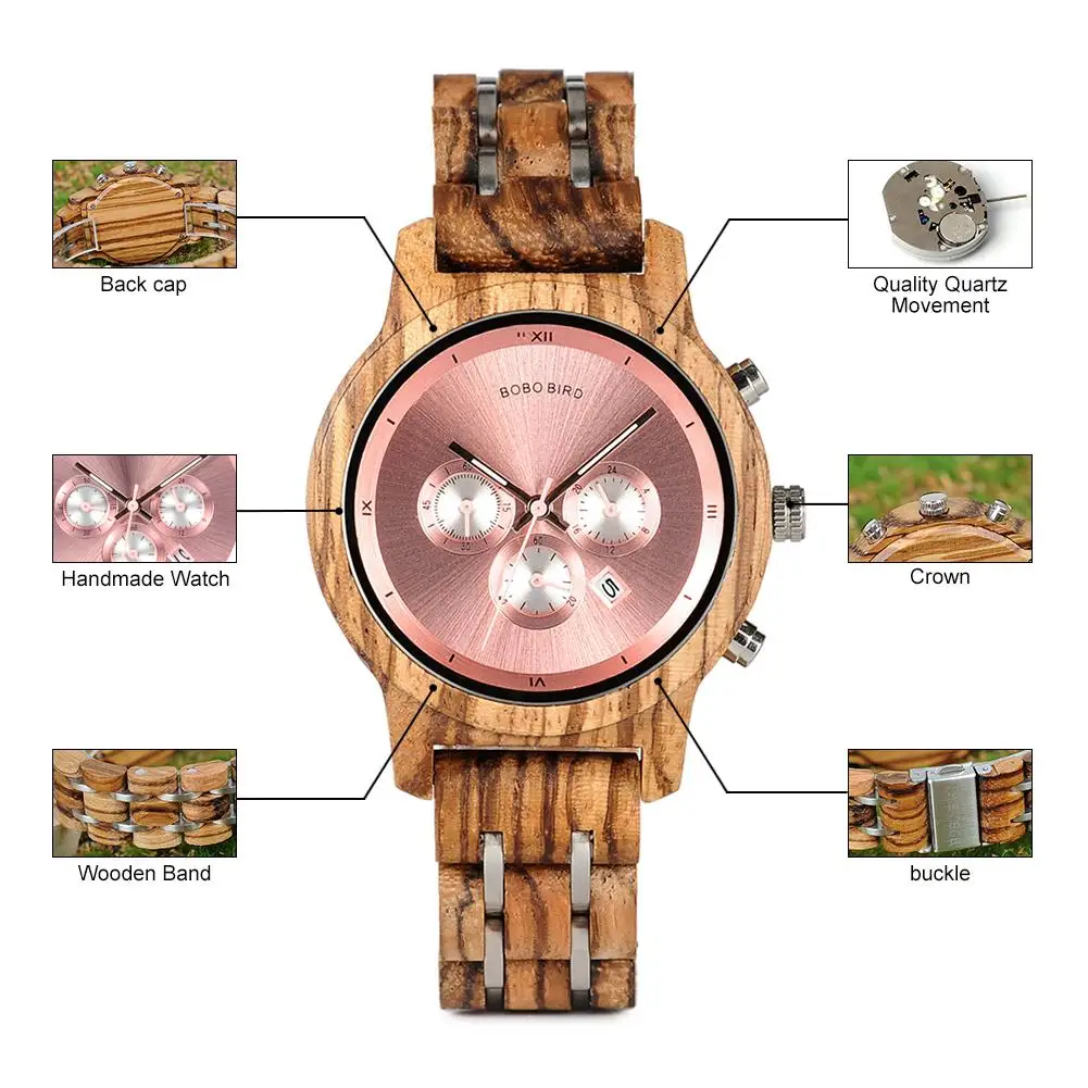 Women's Watch BOBO BIRD Ladies Watches Wood Metal Chronograph Wristwatch Customize Logo Christmas Gift Box Relogio Dropshipping