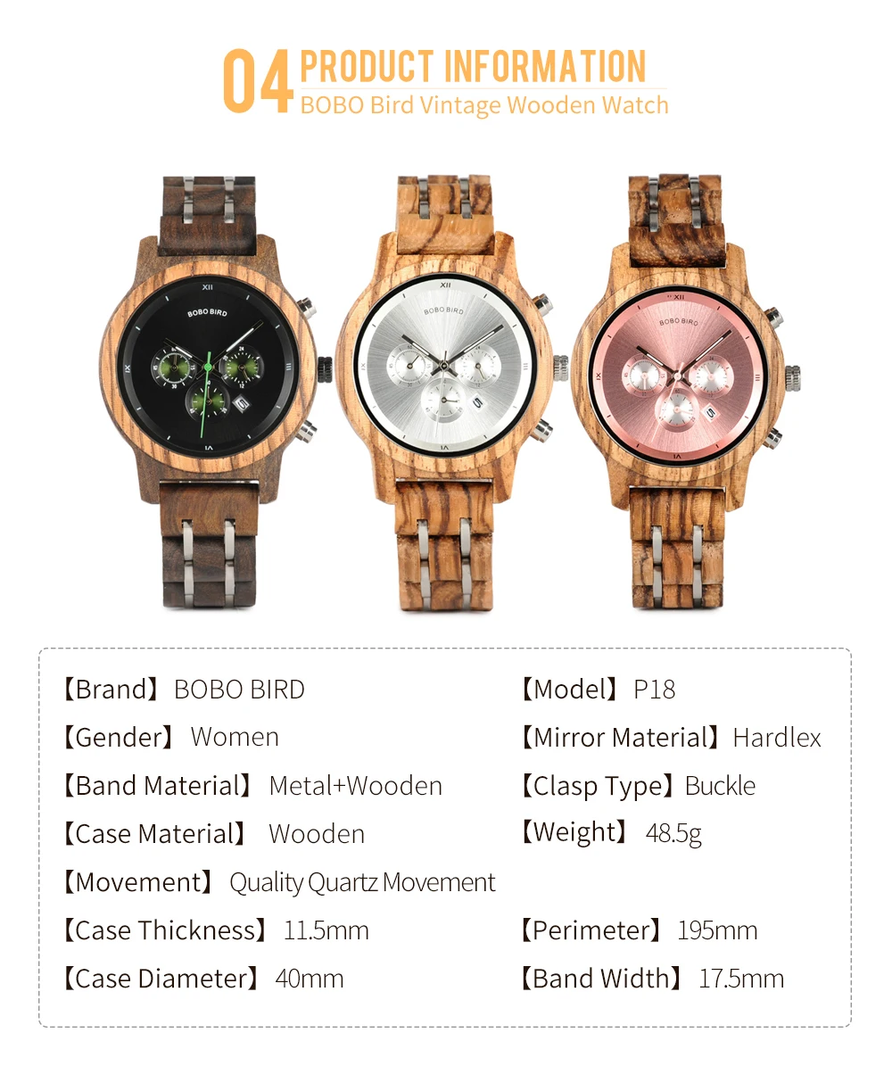 Women's Watch BOBO BIRD Ladies Watches Wood Metal Chronograph Wristwatch Customize Logo Christmas Gift Box Relogio Dropshipping
