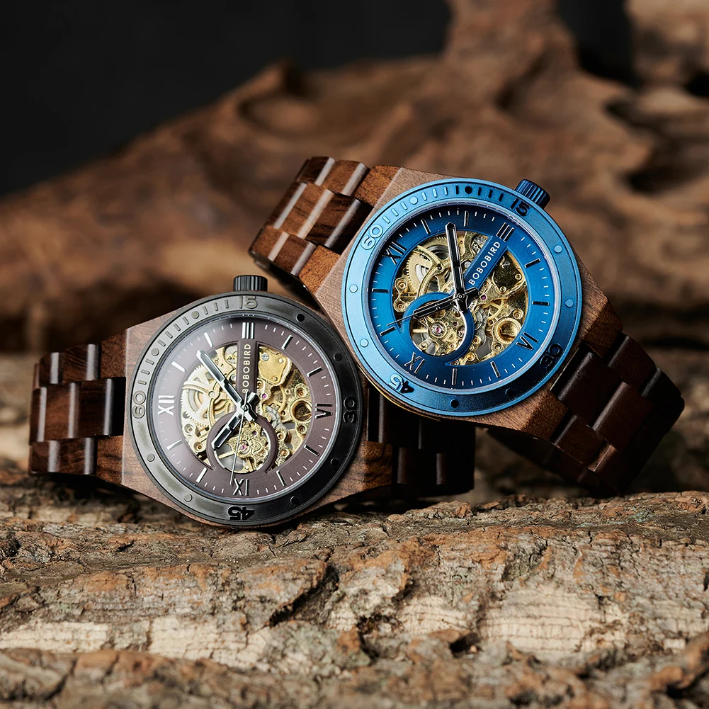 Top Luxury Men's Watches BOBO BIRD Mechanical Wristwatch Wooden Relogio Masculino Custom Father's Day Gift Wooden Box