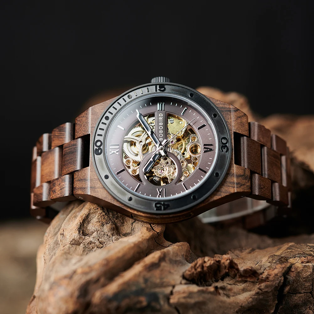 Top Luxury Men's Watches BOBO BIRD Mechanical Wristwatch Wooden Relogio Masculino Custom Father's Day Gift Wooden Box