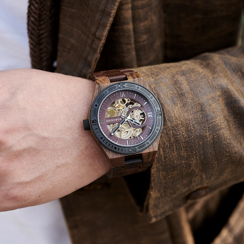 Top Luxury Men's Watches BOBO BIRD Mechanical Wristwatch Wooden Relogio Masculino Custom Father's Day Gift Wooden Box