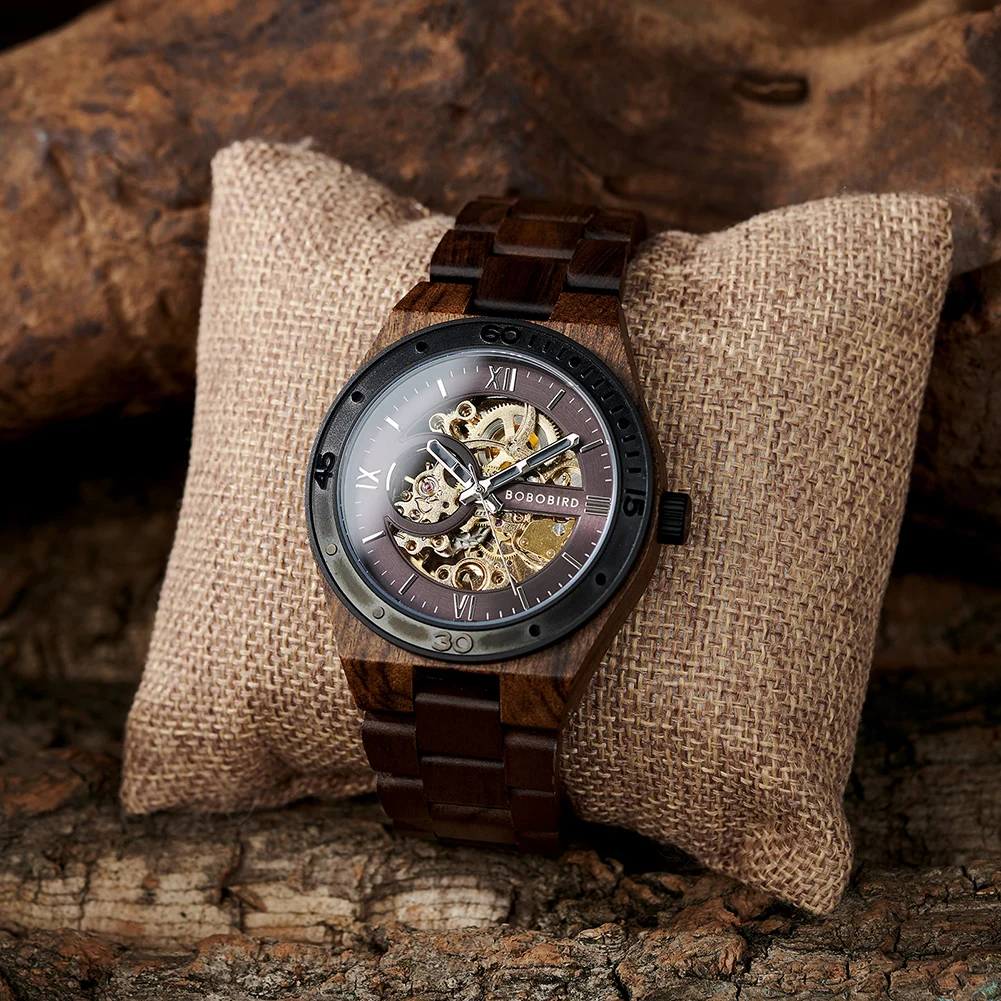 Top Luxury Men's Watches BOBO BIRD Mechanical Wristwatch Wooden Relogio Masculino Custom Father's Day Gift Wooden Box