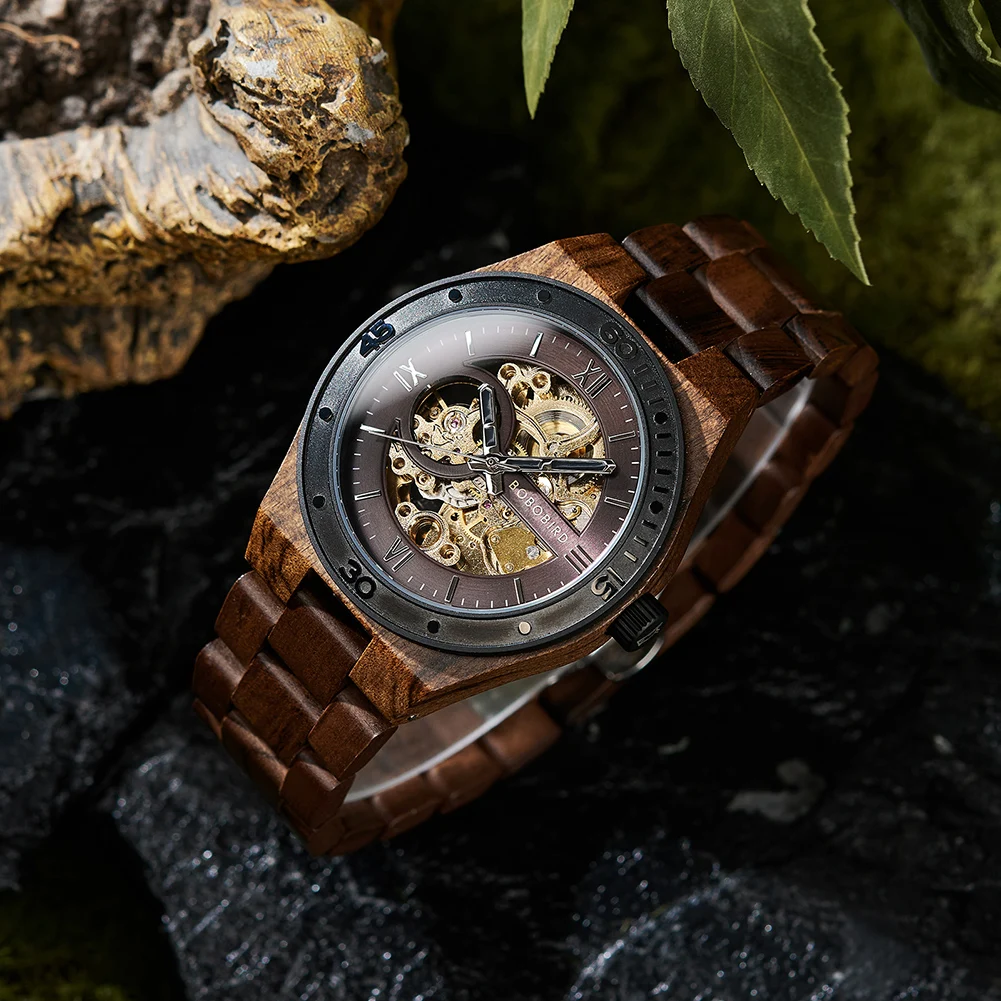 Top Luxury Men's Watches BOBO BIRD Mechanical Wristwatch Wooden Relogio Masculino Custom Father's Day Gift Wooden Box