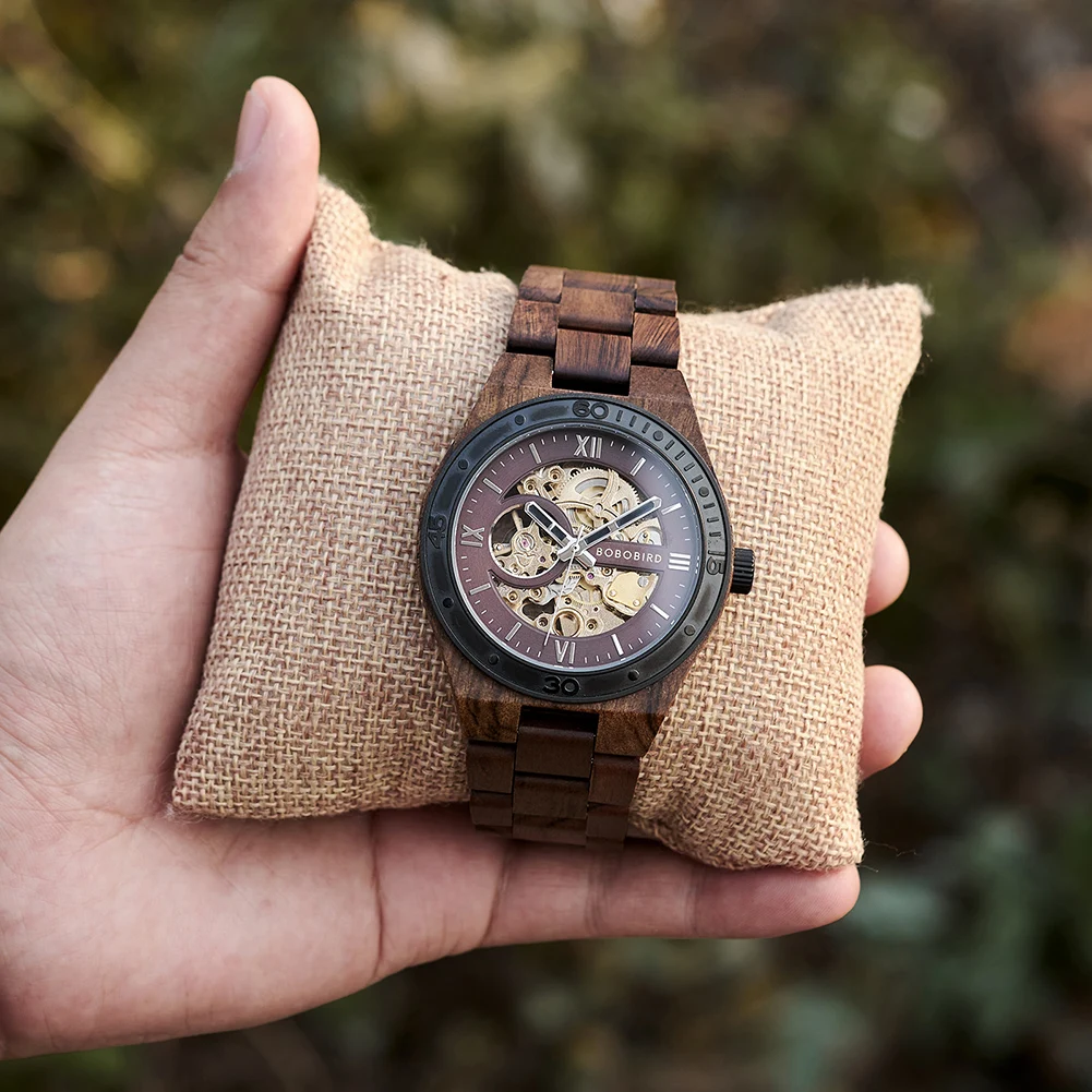 Top Luxury Men's Watches BOBO BIRD Mechanical Wristwatch Wooden Relogio Masculino Custom Father's Day Gift Wooden Box
