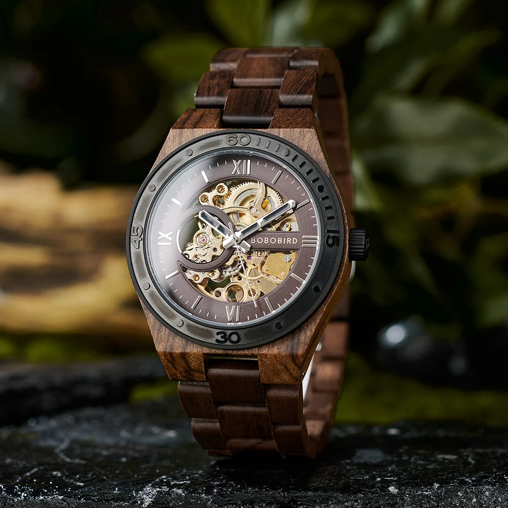 Top Luxury Men's Watches BOBO BIRD Mechanical Wristwatch Wooden Relogio Masculino Custom Father's Day Gift Wooden Box
