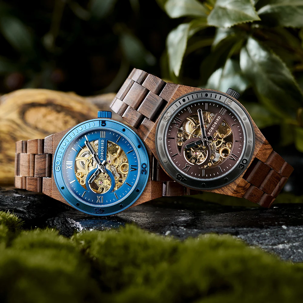 Top Luxury Men's Watches BOBO BIRD Mechanical Wristwatch Wooden Relogio Masculino Custom Father's Day Gift Wooden Box