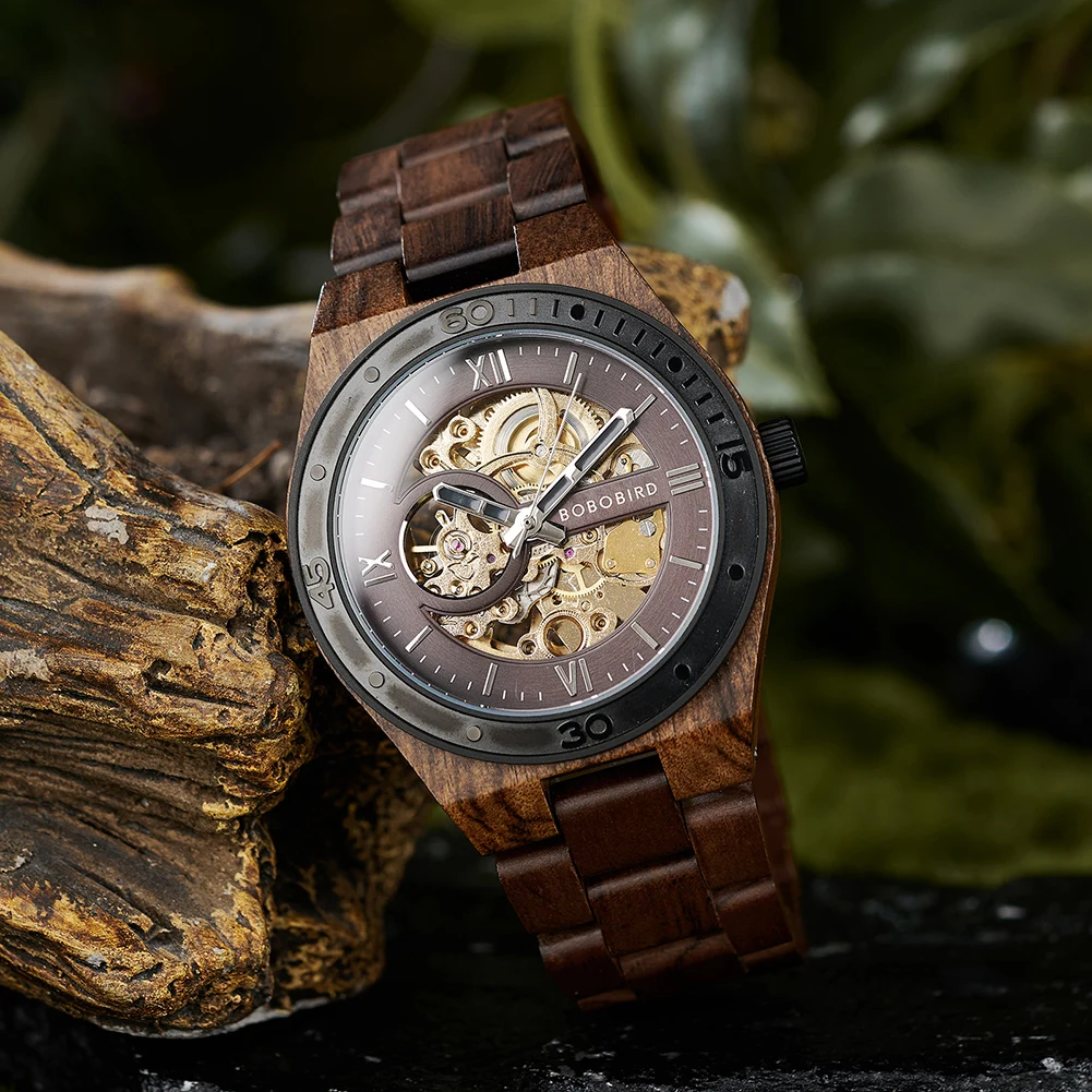 Top Luxury Men's Watches BOBO BIRD Mechanical Wristwatch Wooden Relogio Masculino Custom Father's Day Gift Wooden Box