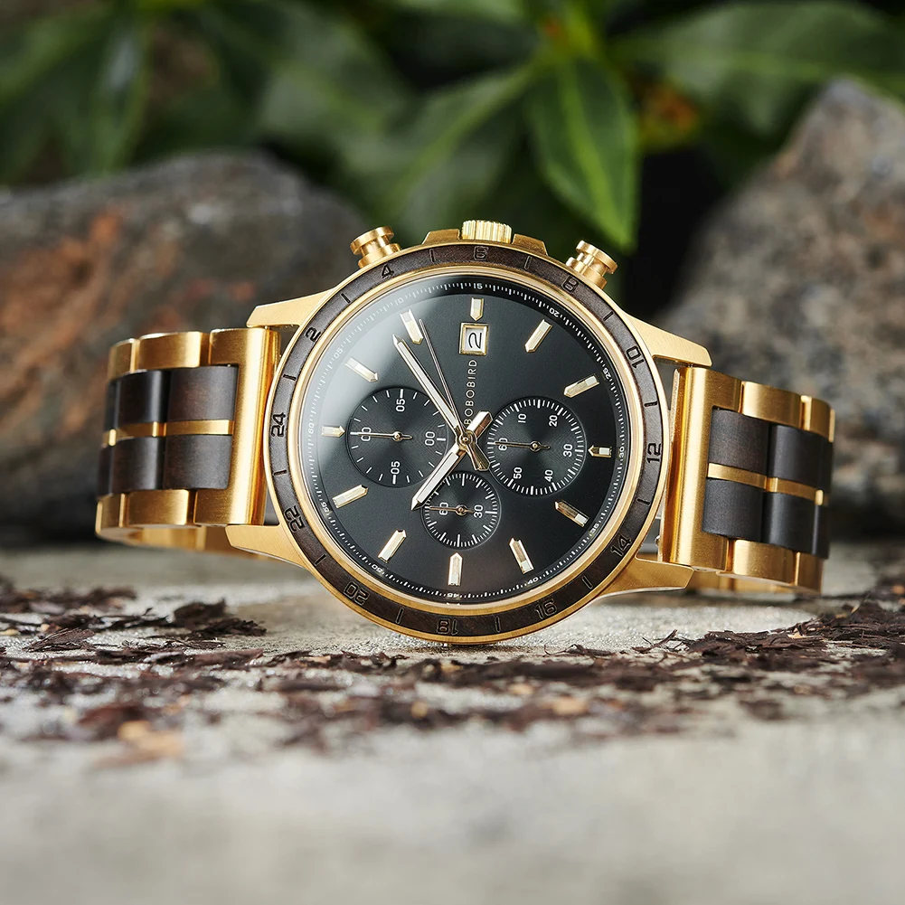 BOBO BIRD Top Luxury Men's Wooden Watches Black Gold Watch Military Chronograph Watch Japanese Movement Quartz Wristwatch Custom