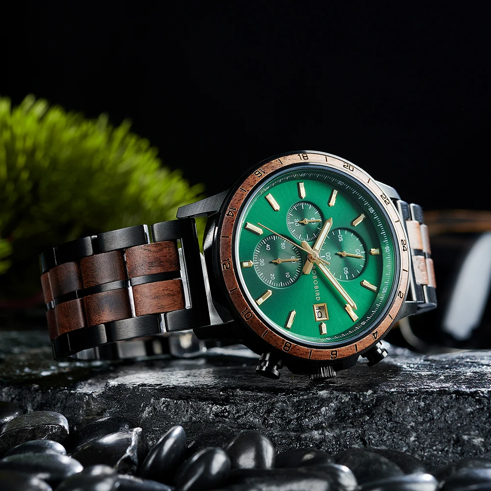 BOBO BIRD Top Luxury Men's Wooden Watches Black Gold Watch Military Chronograph Watch Japanese Movement Quartz Wristwatch Custom