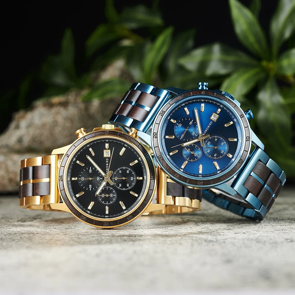 BOBO BIRD Top Luxury Men's Wooden Watches Black Gold Watch Military Chronograph Watch Japanese Movement Quartz Wristwatch Custom