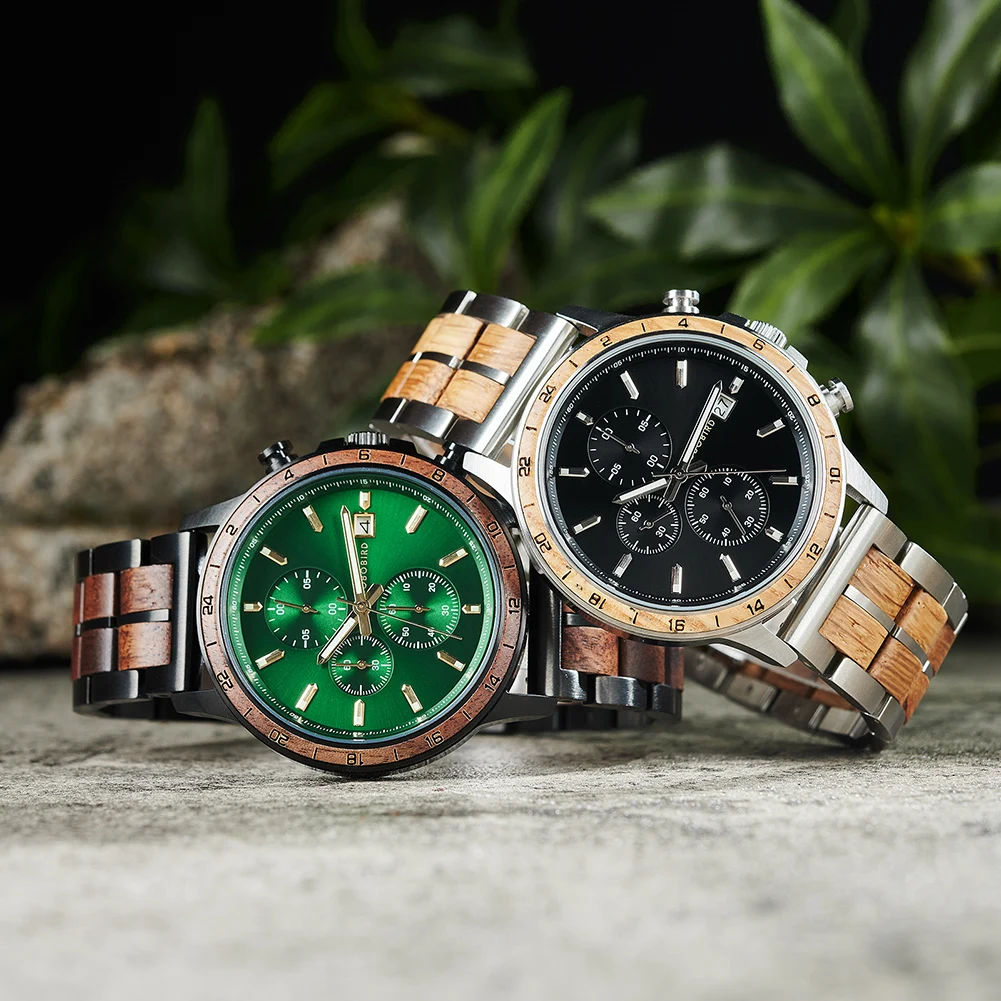 BOBO BIRD Top Luxury Men's Wooden Watches Black Gold Watch Military Chronograph Watch Japanese Movement Quartz Wristwatch Custom